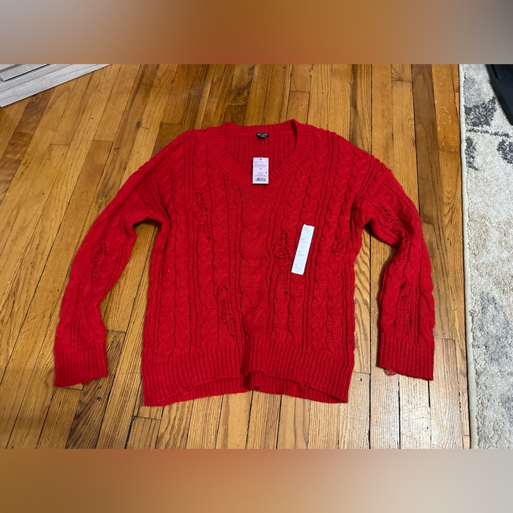 Wild fable Women's Sweater Pullover Destructed v neck long sleeve Red NWT